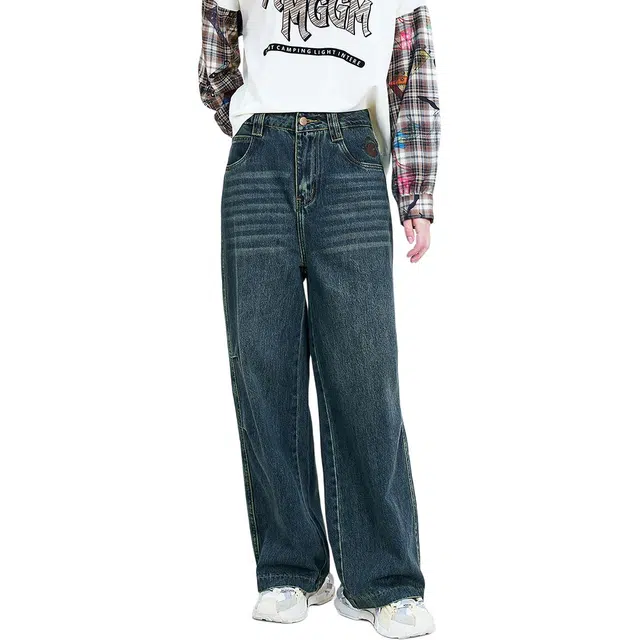 木果果木 美式复古风阔腿休闲高腰长裤牛仔裤 女款