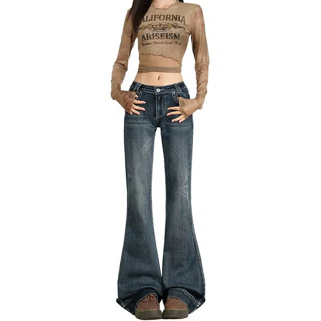 如续 低腰微喇女秋季美式辣妹弹力紧身百搭喇叭裤牛仔裤 女款