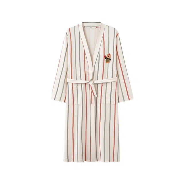 蒄趣 纯棉长袖微弹长款家居服舒适条纹卡通春秋款睡袍 女款