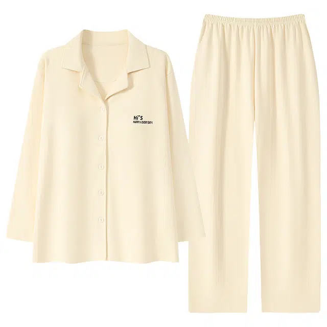 俏佳人 纯棉翻领开衫纯色休闲宽松舒适亲肤透气长袖长裤家居服睡衣套装 女款