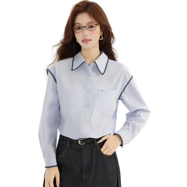 荟萃阁 韩系设计学院风百搭修身显瘦长袖法式衬衫 女款