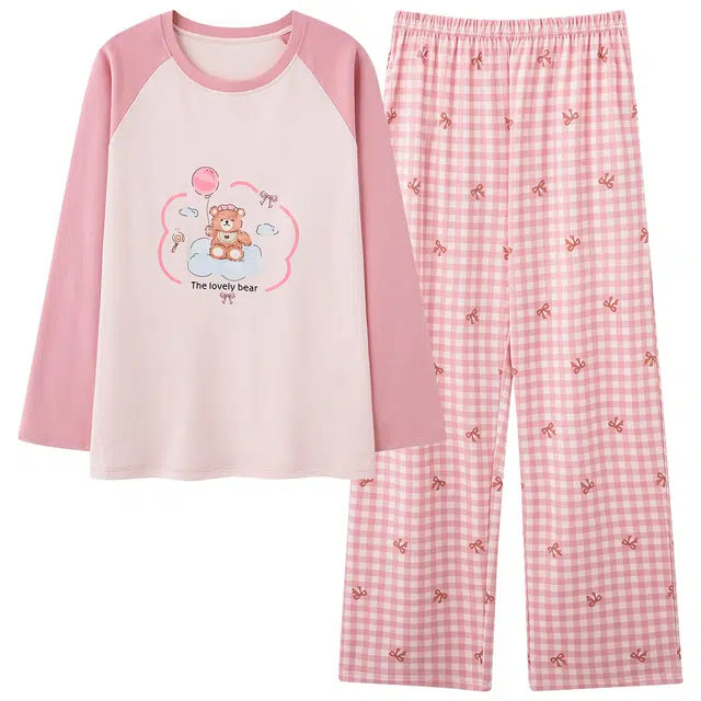 俏霓桐 可爱卡通纯棉亲肤圆领甜美格子蝴蝶结清新长袖长裤家居服可外穿睡衣套装 女款