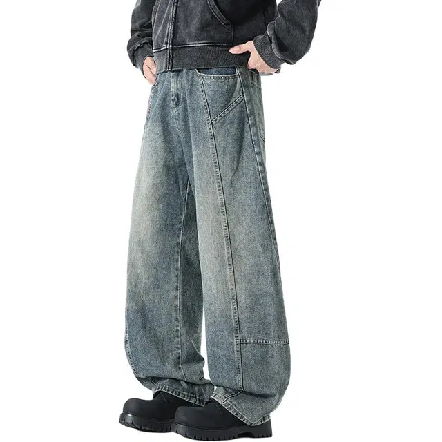 多线条分割拼接赫赫良衣 美式复古痞帅高街少年感水洗做旧扎染阔腿长裤休闲百搭舒适运动显高显瘦小众高级感学院风韩系潮牌牛仔裤 男女同款