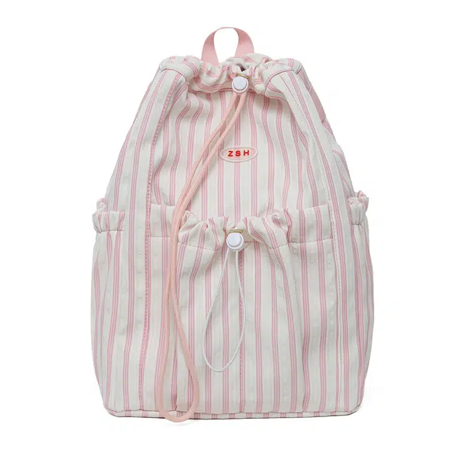 單倉 可爱条纹高颜值时尚设计学院风通勤百搭背包初高中学生大容量轻便耐磨书包 尼龙 双肩包 常规 女款 粉色/蓝色