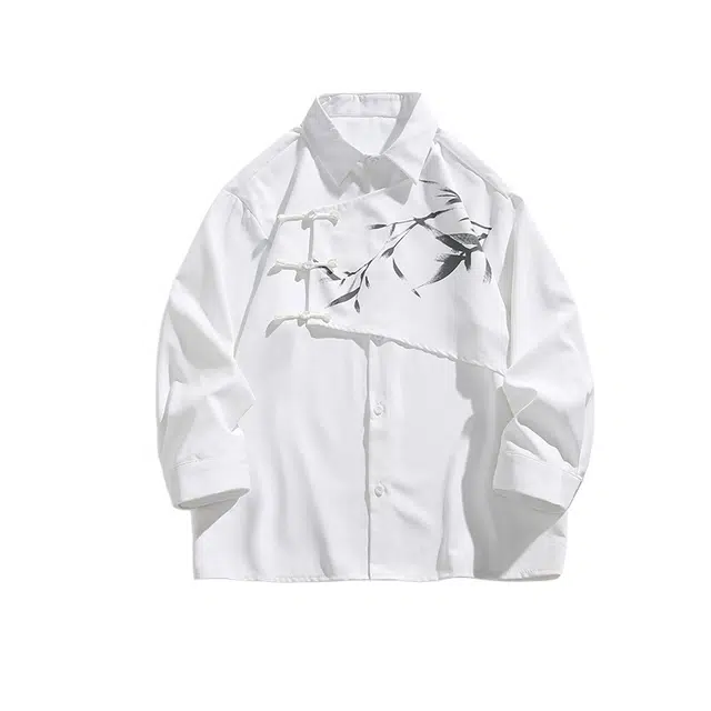 加荣 新中式复古风格简约潮流融合的男款休闲衣舒适清凉外套纯色仿刺绣竹子设计感衬衫日常通勤宽松百搭时尚男生上衣 男女同款