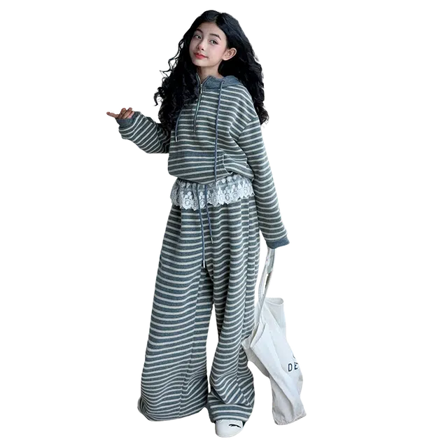 蓝彩何休闲运动套装 女童秋季韩版条纹卫衣服装中大童时髦洋气儿童网红秋装