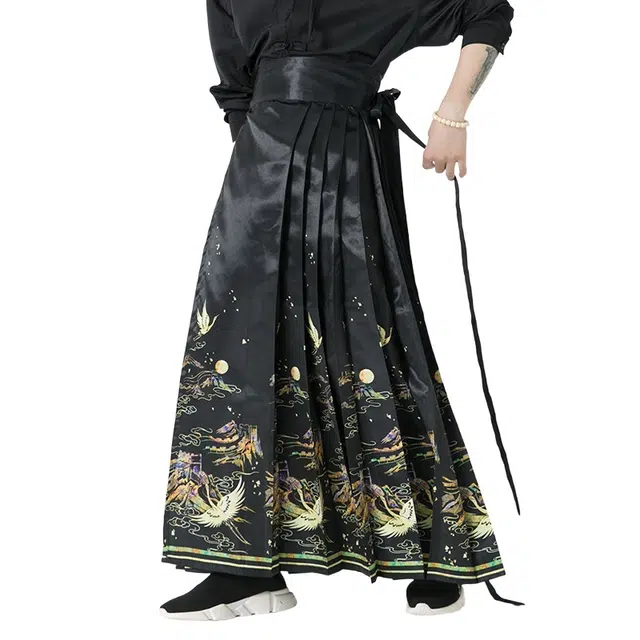 加荣 仙鹤印花国风马面裙新中式唐装汉服裤古风古韵阔腿裙裤秋季国潮复古男休闲裤高端设计感褶皱青少年帅气男长裤 男女同款