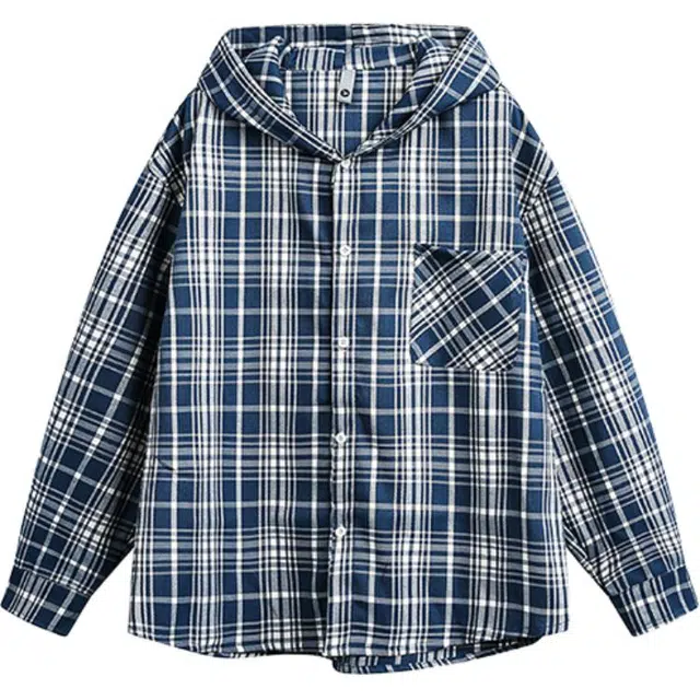 佐菲利 美式格纹刺绣连帽复古潮牌长袖衬衣宽松运动情侣外套衬衫 男女同款