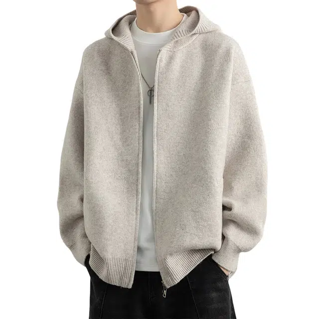 顶峰保罗 连帽针织开衫夹克无性别主义复古慵懒风痞帅直筒休闲宽松大码上衣外套简约百搭纯色长袖毛衣 男女同款