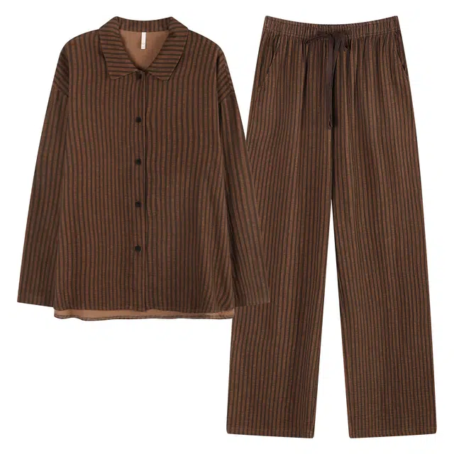 俏薇妮 春秋长袖长裤纯棉条纹翻领休闲宽松外穿家居服睡衣套装 女款