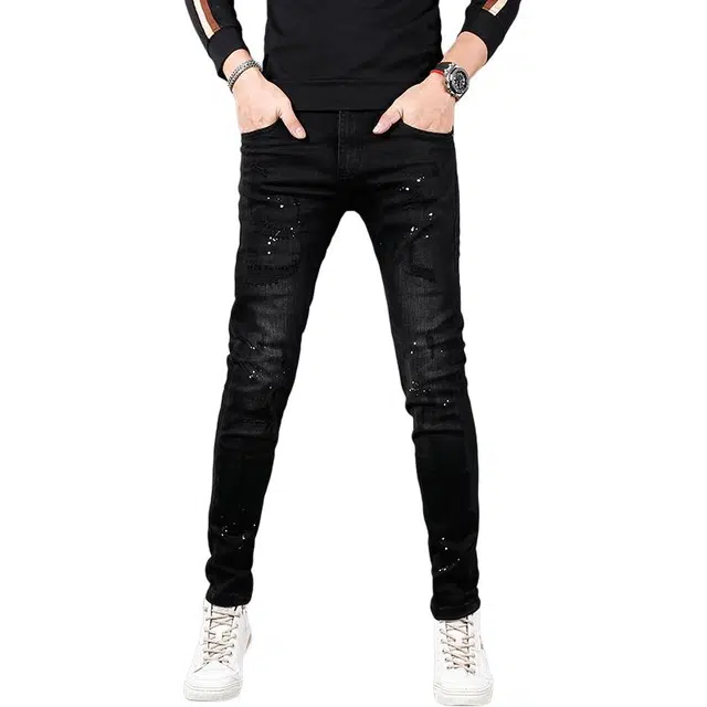 特斯型 秋冬款破洞牛仔裤男士欧版修身小脚裤弹力九分 男款