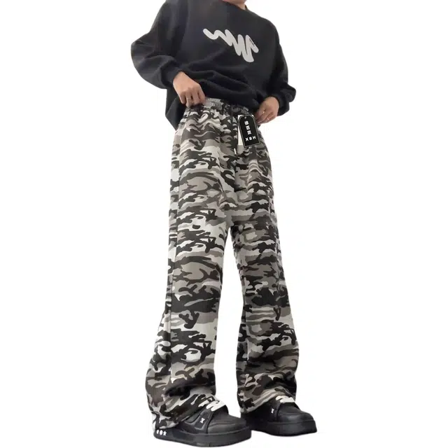 徐百货 美式复古弯刀迷彩卫裤垂感直筒微喇长裤慵懒风裤子潮流百搭宽松舒适休闲裤 男女同款
