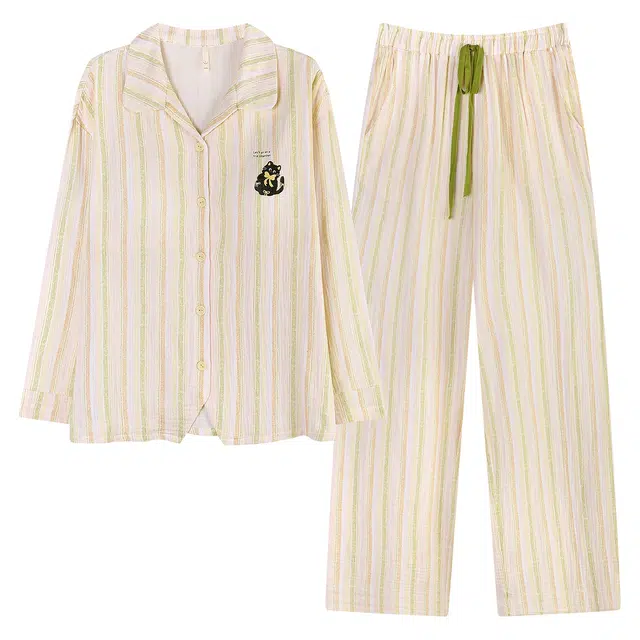 俏薇妮 春秋款纯棉长袖条纹家居服翻领开衫睡衣套装 女款