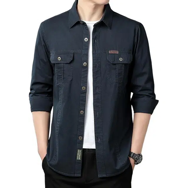 么宁 美式休闲工装衬衣纯棉长袖翻领外套舒适透气宽松上衣个性时尚衬衫 男女同款