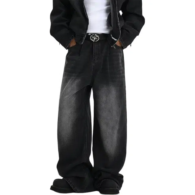 大格子与黑猫 韩版复古宽松直筒高腰裤男时尚休闲长裤子拖地裤潮流阔腿裤牛仔裤 男女同款