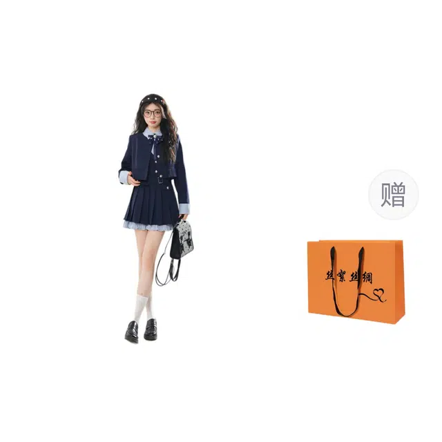 丝絮丝绸 日系甜美假两件百褶连衣裙西装外套裙装套装 女款