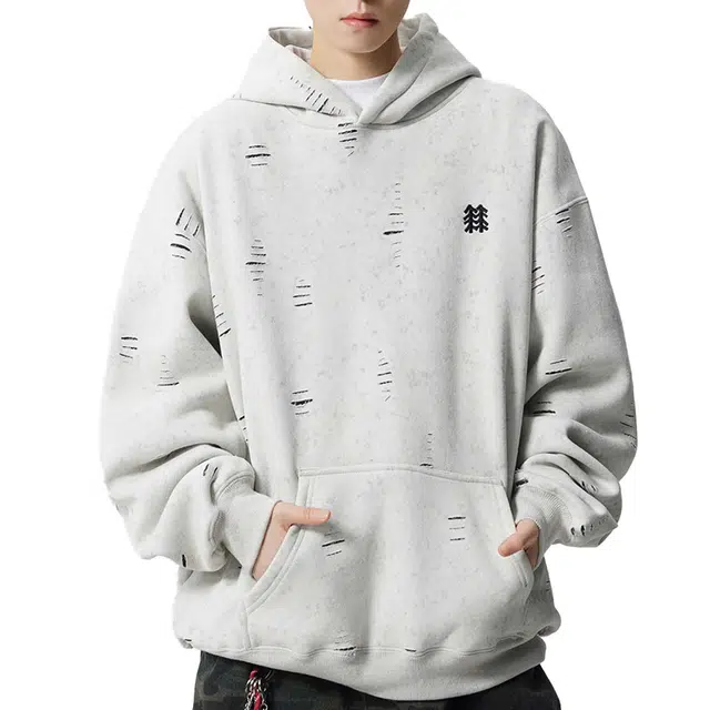 艾梵斯贝 美式复古潮流小破洞刺绣简约小众设计款无性别日常通勤百搭宽松休闲时尚高街风连帽套头情侣款卫衣 男女同款
