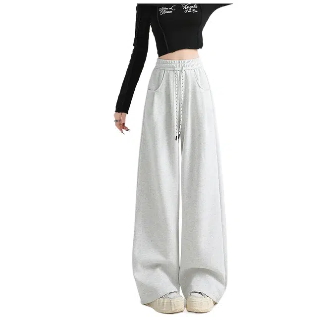 兰缪 日常通勤初秋运动阔腿裤晨练宽松直筒垂坠感慵懒松弛校园感穿搭卫裤 休闲裤 女款