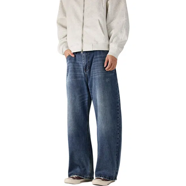 帝狼牛 美式复古潮牌手工磨破设计宽松直筒阔腿休闲垂感弯刀 牛仔裤 男女同款