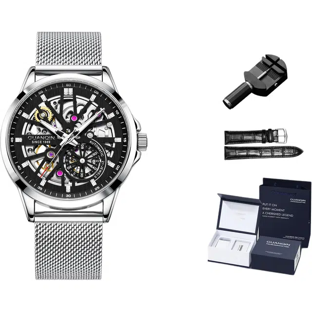 冠琴 双面镂空时尚国潮腕表 自动机械机芯 网带表带 国表 男表 镂空表盘 夜光防水