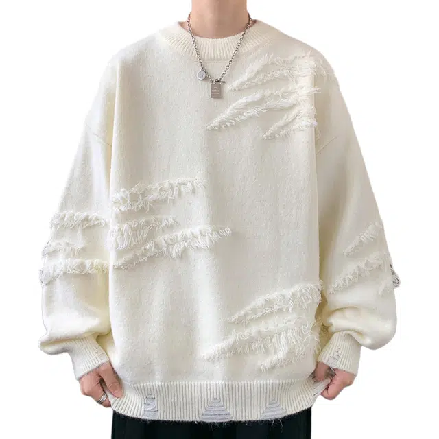 赫赫良衣 美式复古秋冬基础款毛衣流苏设计小众宽松做旧毛边废土风长袖上衣舒适柔软保暖休闲百搭文艺时尚潮流氛围慵懒针织衫 男女同款