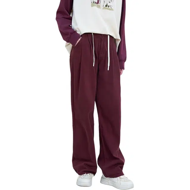 木果果木 秋季 简约休闲阔腿裤纯色自然腰牛仔裤 宽松 女款