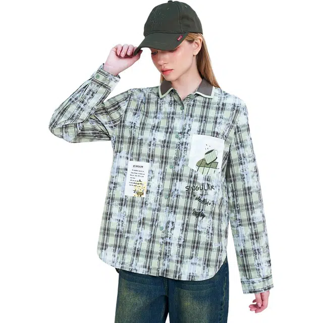 木果果木 扎染格子印花长袖通勤风衬衫 女款