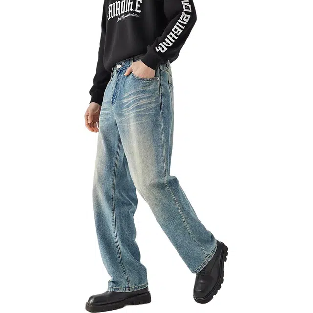 宝米卡 美式立体猫须水洗春秋季潮流高街宽松直筒阔腿休闲长裤子牛仔裤 男女同款