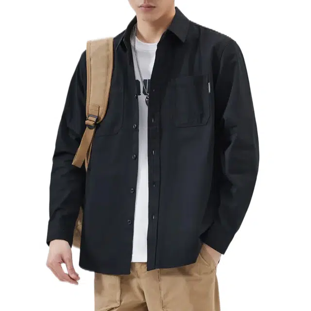 纯团 重磅美式复古潮牌纯色休闲宽松长袖衬衫 男款