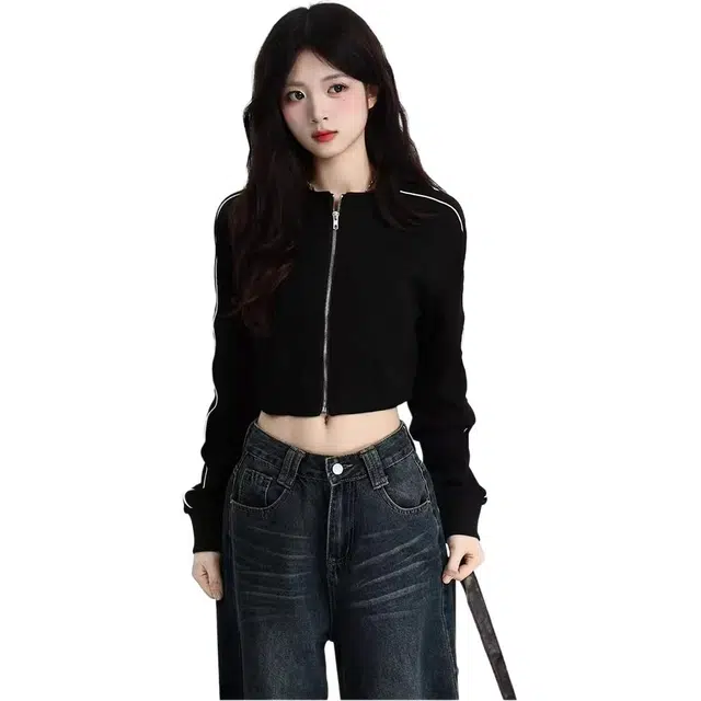 小卷要加油 甜酷风撞色线条立领短款长袖外套女秋季辣妹修身显瘦上衣夹克 女款