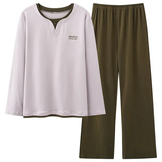 俏霓桐 时尚假两件圆领纯棉亲肤简约纯色休闲百搭舒适长袖长裤家居服可外穿睡衣套装 男款