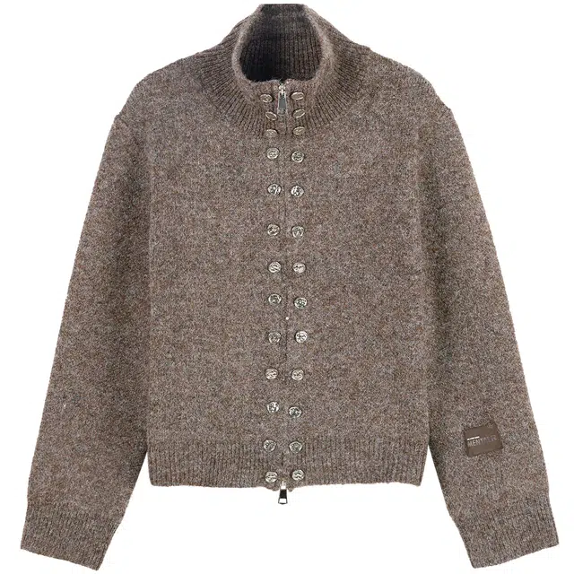 她池 含绵羊毛美拉德风短款立领设计感纽扣复古宽松针织衫 女款