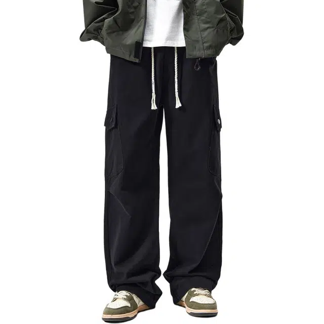 杜克恩 重磅纯棉阔腿休闲长裤秋季美式高街潮牌纯色大口袋抽绳青少年宽松百搭直筒工装裤 男款