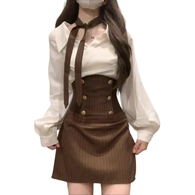 小卷要加油 韩系穿搭时尚气质两件套装女春秋衬衫+条纹束腰半身短裙裙装 女款