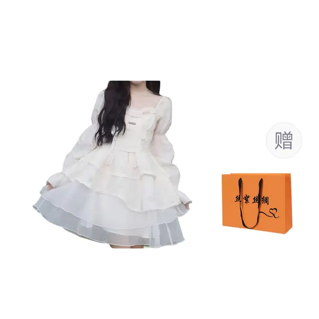 丝絮丝绸 法式甜美初恋泡泡袖春秋温柔风在逃公主蓬蓬裙长袖连衣裙 女款