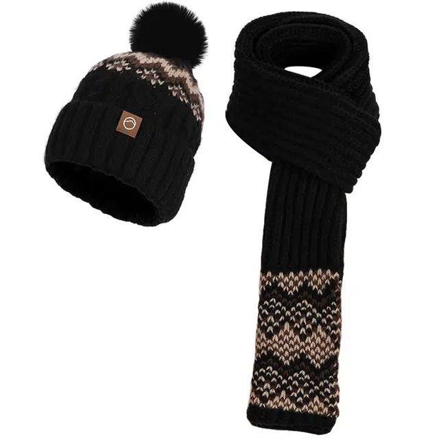 山一丸 冬季针织帽时尚帽子围巾手套三件套加绒防寒保暖护耳套头帽 涤纶 绒线帽 女款