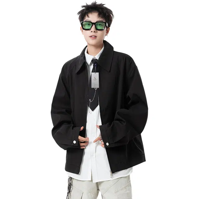 袋鼠 重磅高街舒适日常落肩时尚潮流基础款撞色学院风松弛感翻领外套夹克 男女同款