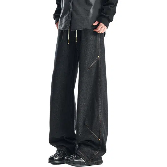 杜克恩 美式复古潮牌纯色百搭高级感宽松休闲牛仔裤 男款