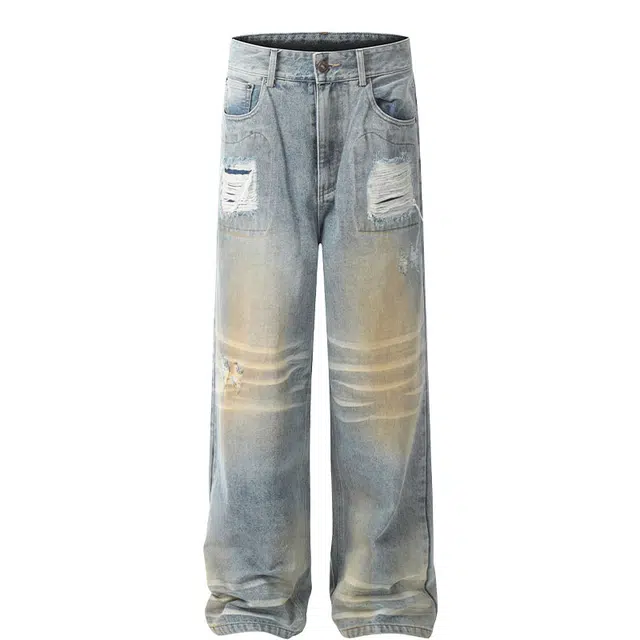 拾个壹先生 美式复古高街水洗做旧破洞宽松休闲百搭小众设计感长裤牛仔裤 男女同款