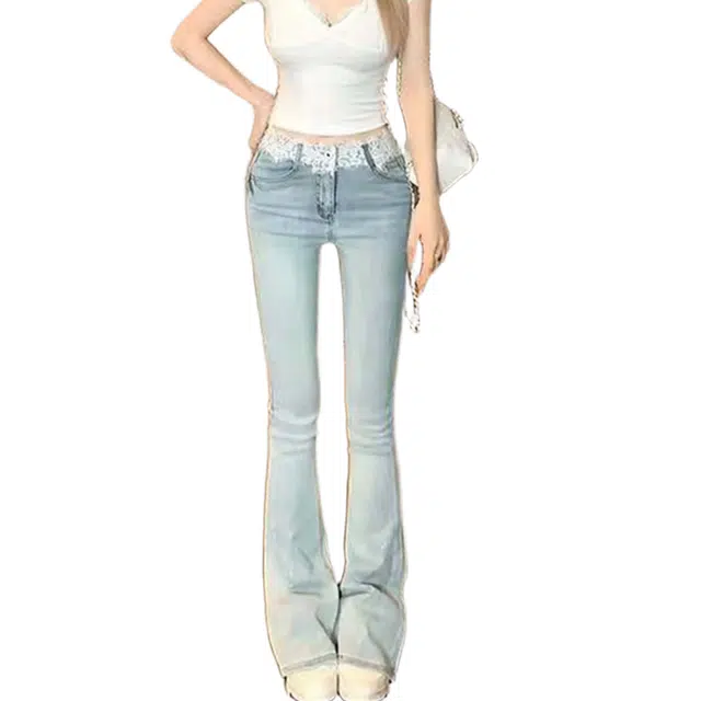 小卷要加油 高个子加长微喇高腰女夏烫钻显瘦弹力阔腿喇叭长裤牛仔裤 女款