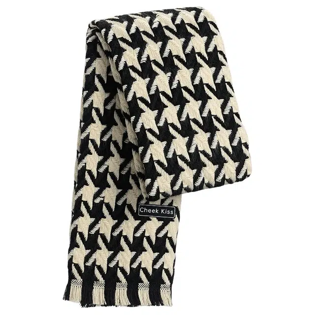 脸颊之吻 千鸟格百搭冬季高级 绒线 围巾 男女同款情侣款