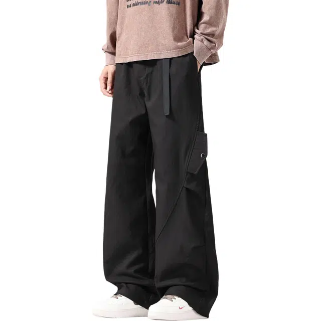个性假口袋设计赫赫良衣 美式复古痞帅高街少年感纯色高颜值褶皱阔腿长裤子百搭舒适运动显高显瘦小众高级感学院风韩系潮牌休闲裤 男女同款