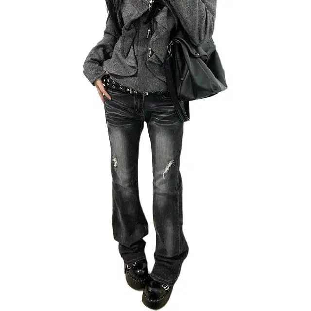 如续 复古水洗做旧中古轻亚风低腰磨破美式喇叭裤百搭个性牛仔裤 女款