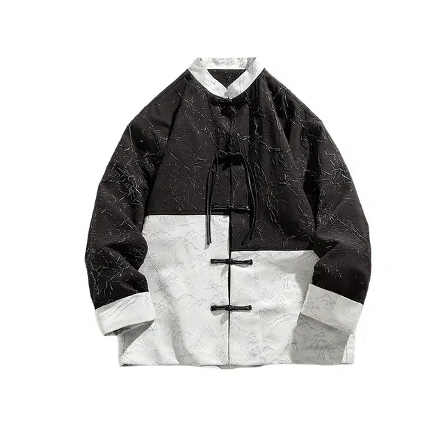 加荣 男款新中式唐装夹克黑白拼色高级感复刻传立领显颈线与落肩男士款上衣单排扣设计简约大气日常通勤百搭宽松外套 男女同款