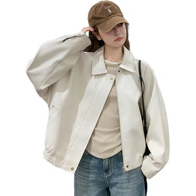 稻草人 时尚百搭拉链纯色韩版宽松短款休闲秋冬截短外套 女款