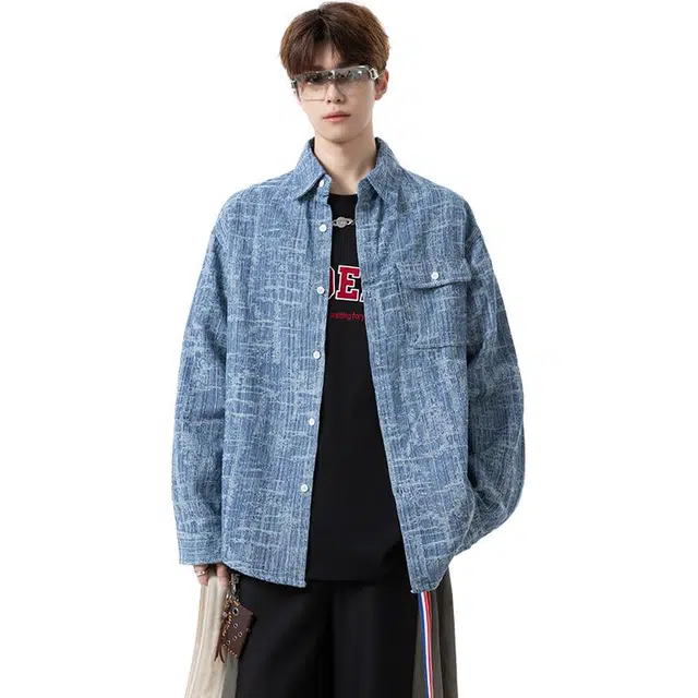 左岸 破坏线条春秋牛仔外套男水洗潮牌工装夹克美式高街痞帅褂子衬衫 男款