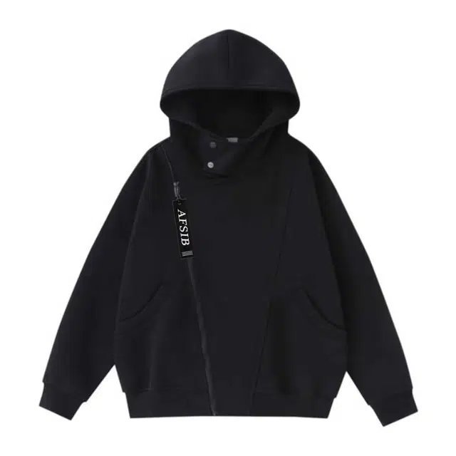 艾梵斯贝 美式复古潮流不规则解构拼接斜拉链简约设计款无性别日常通勤百搭宽松休闲时尚春秋高龄连帽情侣款卫衣 男女同款