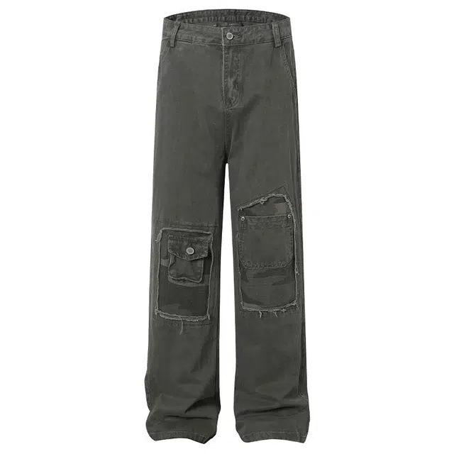 拾个壹先生 美式复古高街做旧拼接小众痞帅宽松休闲百搭设计感长裤牛仔裤 男女同款