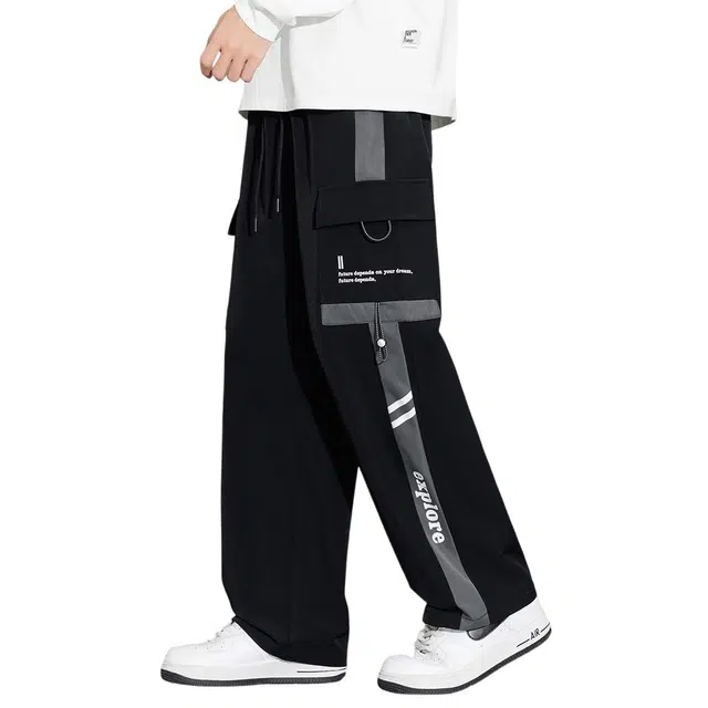 顶峰保罗 美式潮牌条纹拼接工装大口袋伞兵裤无性别主义宽松加肥加大直筒运动长裤简约百搭弹力抽绳显高显瘦高街阔腿垂感休闲裤 男女同款