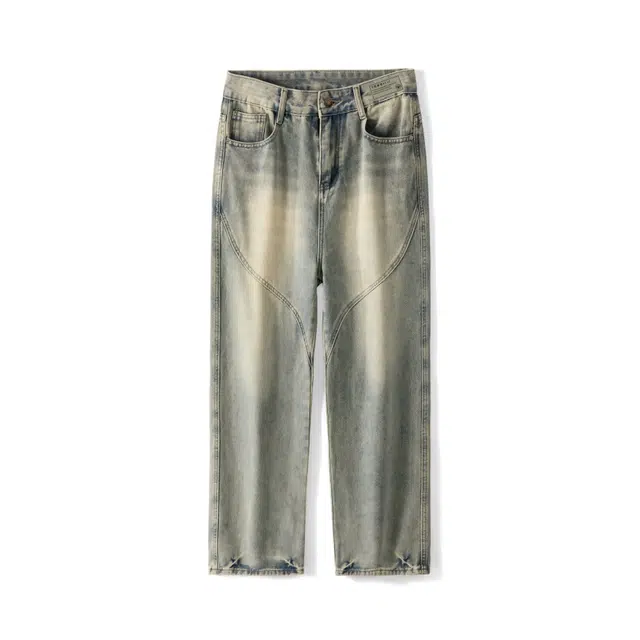 下层基础 美式柔感不硬舒适亚比风复古高街通勤做旧水洗中腰废土风宽松弹力百搭裤垂感分割直筒牛仔裤  男女同款